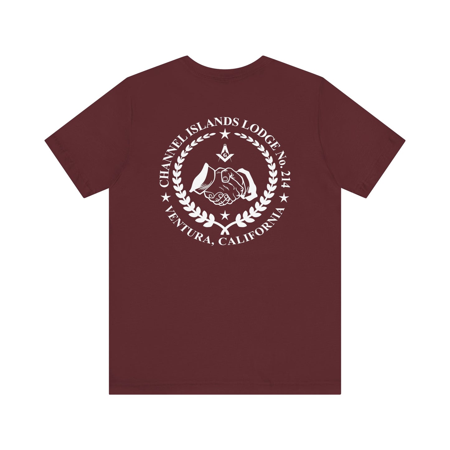 Channel Islands Lodge 214 short sleeve T-shirt in dark colors, made by Printify, featuring a casual, comfortable design.
