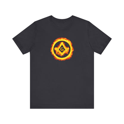 Square and Compass Encircled in Orange Flames Short Sleeve T-Shirt