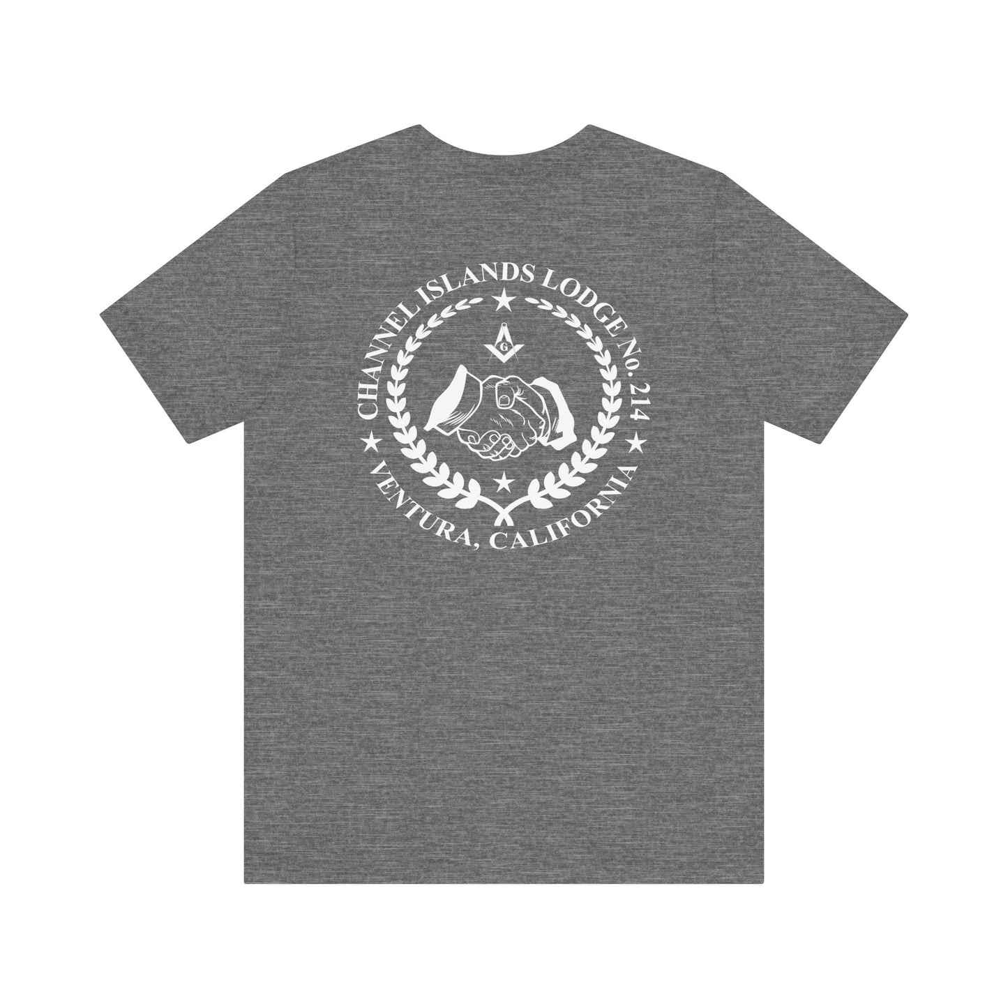 Fellowcraft T-Shirt from Channel Islands Lodge 214 in dark colors, featuring lodge emblem and comfortable fabric by Printify.