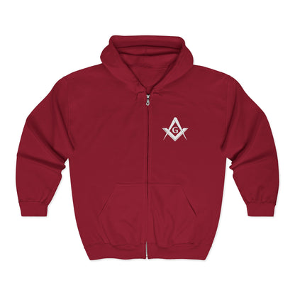 Embroidered Full Zip Hooded Sweatshirt - Square & Compass (White)