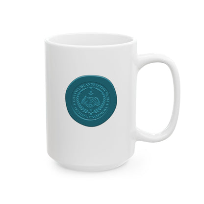 White ceramic mug featuring a custom wax seal emblem design for Channel Islands Lodge, available in 11oz and 15oz sizes.