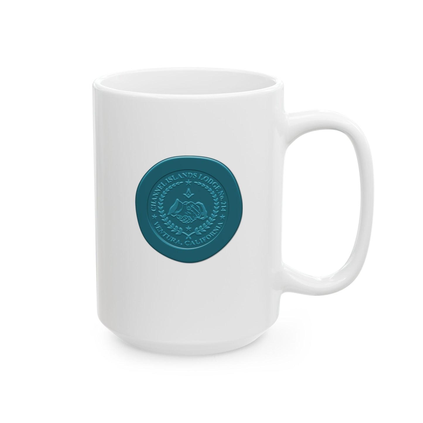 White ceramic mug with two-sided custom wax seal design, 11oz or 15oz, featuring Channel Islands Lodge branding.