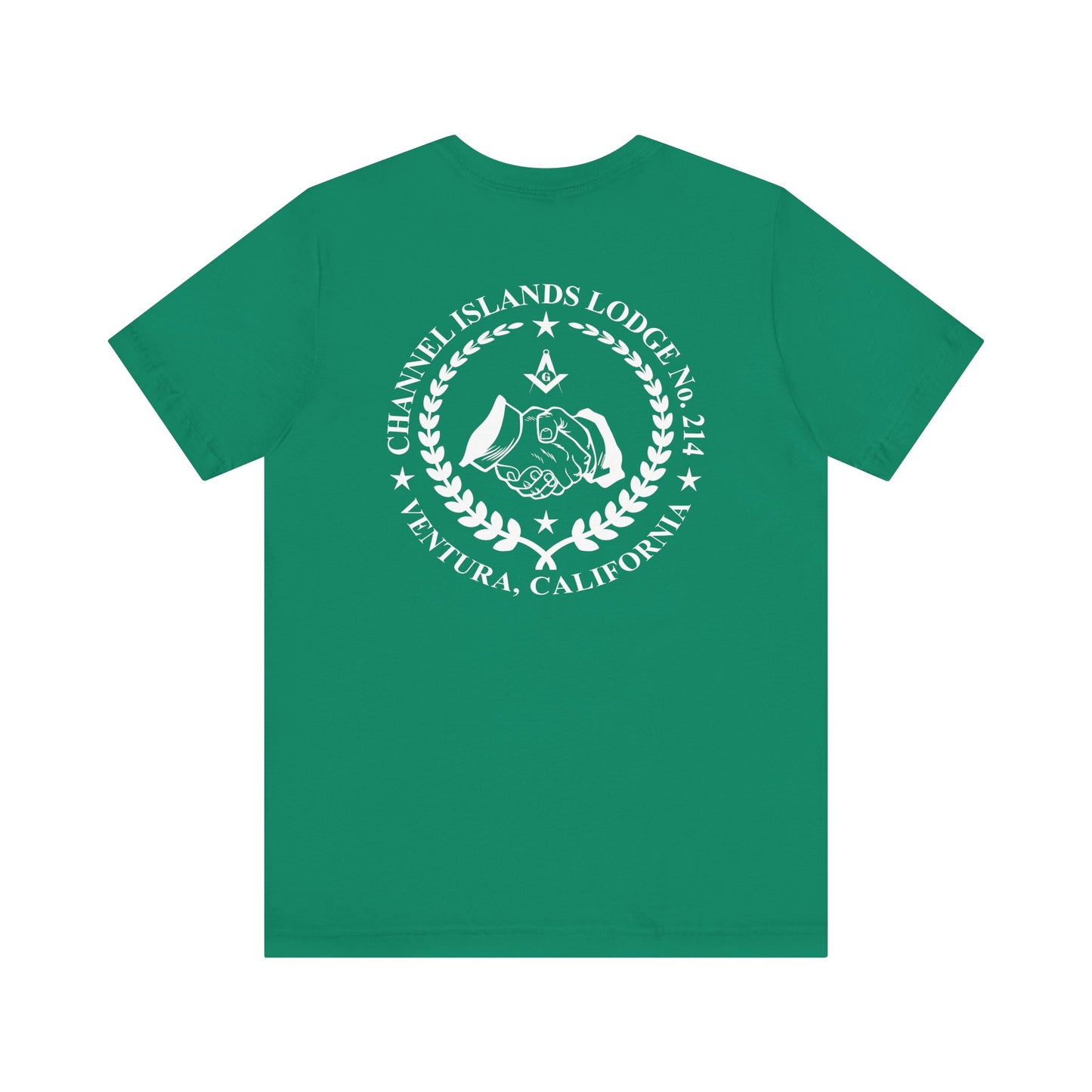 Blue and green Entered Apprentice T-Shirt from Channel Islands Lodge 214, featuring lodge emblem and detailed design.