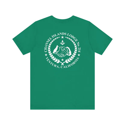 Blue and green Entered Apprentice T-Shirt from Channel Islands Lodge 214, featuring lodge emblem and detailed design.