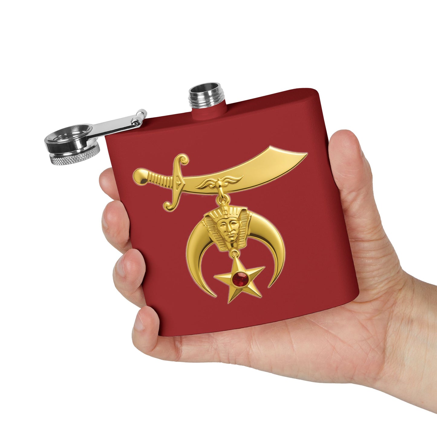 Shriner Stainless Steel Flask - Jeweled Gold Emblem