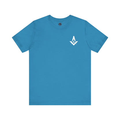 Fellowcraft T-Shirt featuring Channel Islands Lodge 214 logo in blues and greens, made by Printify, displayed on a model.
