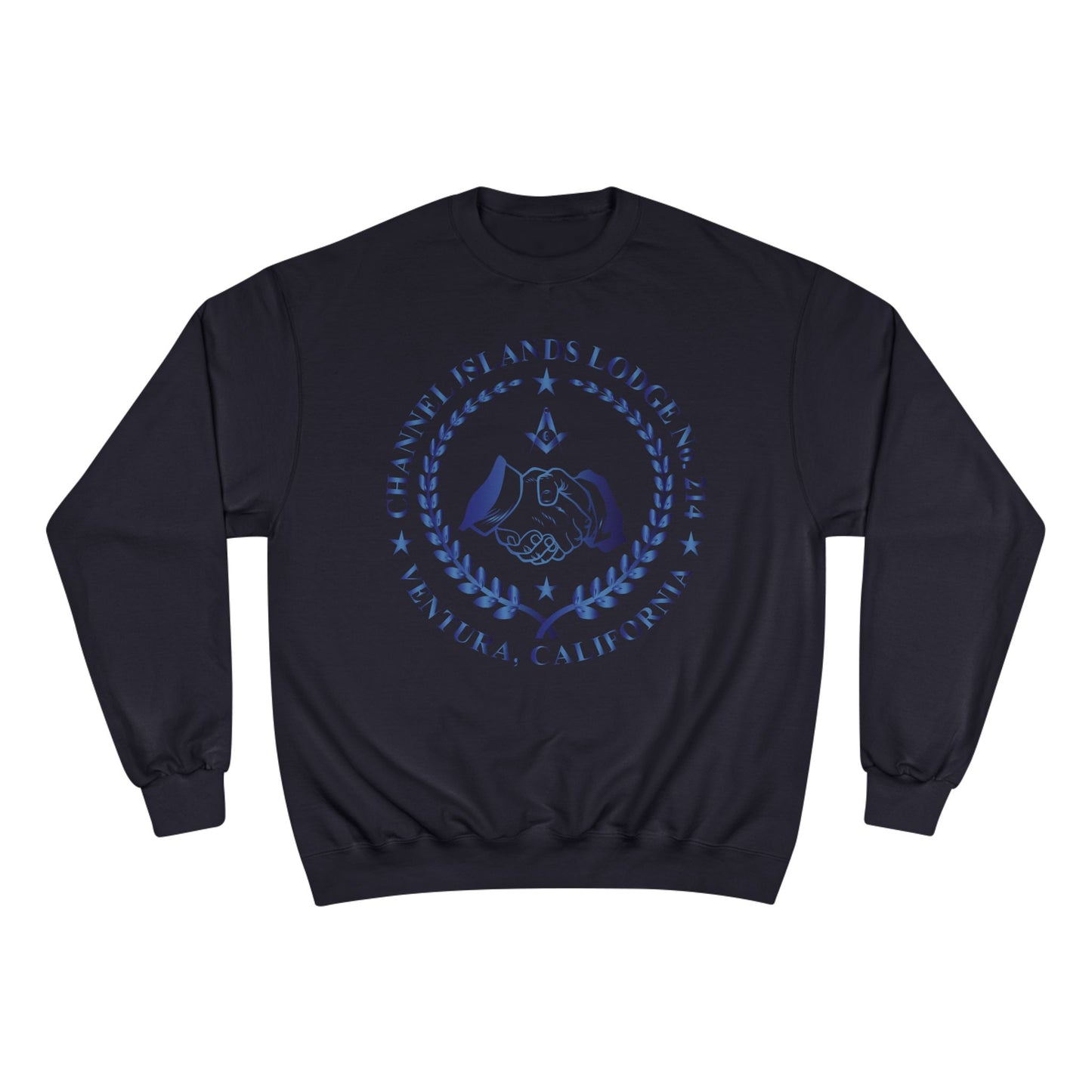 Channel Islands Lodge 214 Champion sweatshirt in sapphire with logo, featuring a comfortable fit and casual style.