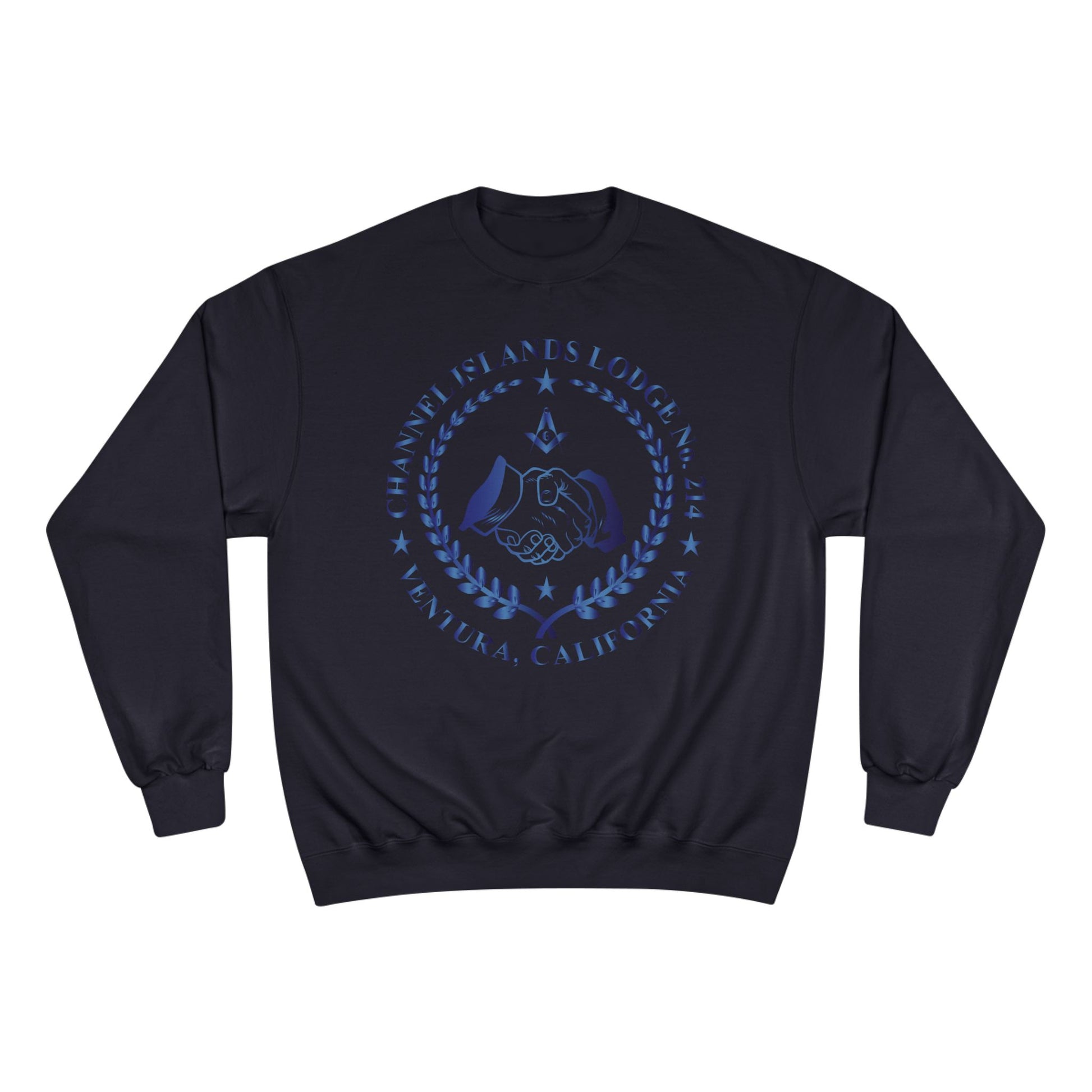 Channel Islands Lodge 214 Champion sweatshirt in sapphire with logo, featuring a comfortable fit and casual style.