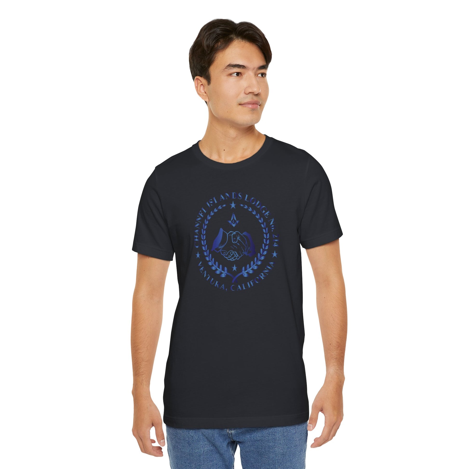 Channel Islands Lodge 214 short sleeve T-shirt in sapphire gradient with printed logo, casual fit, and soft cotton fabric.