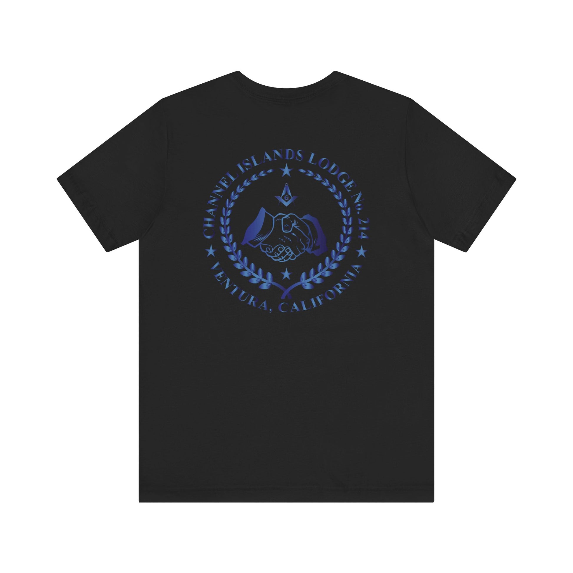 Channel Islands Lodge 214 Entered Apprentice T-Shirt in sapphire with short sleeves and printed design, made by Printify.