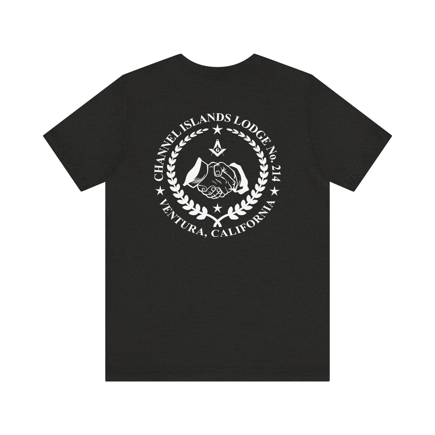 Dark-colored Channel Islands Lodge 214 short sleeve T-shirt by Printify, featuring a comfortable fit and casual style.