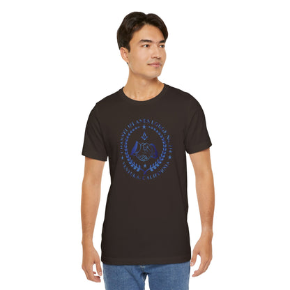 Channel Islands Lodge sapphire gradient short sleeve T-shirt by Printify, featuring a stylish, colorful design on soft fabric.
