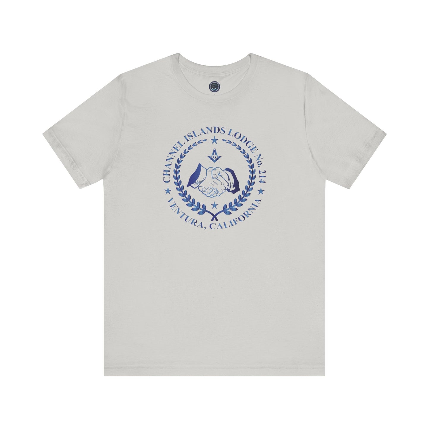 Channel Islands Lodge 214 short sleeve T-shirt in sapphire gradient with print design, casual apparel by Printify.