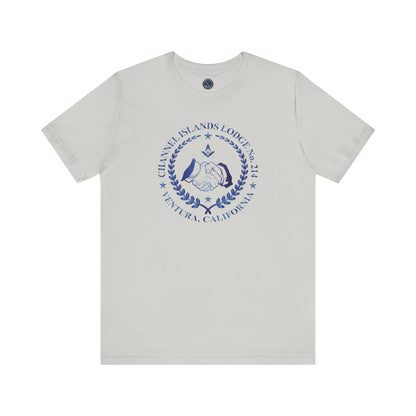 Channel Islands Lodge 214 short sleeve T-shirt in sapphire gradient with print design, casual apparel by Printify.