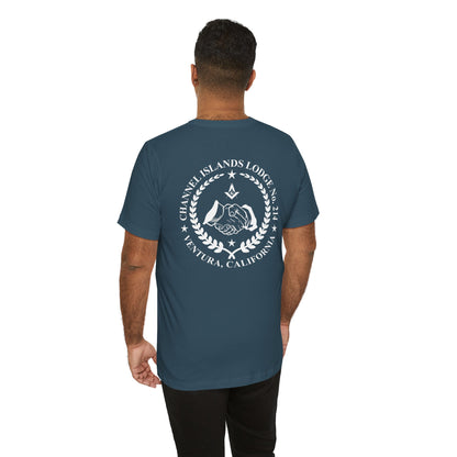 Channel Islands Lodge 214 short sleeve T-shirt in blues and greens, featuring a casual fit and printed graphic design.